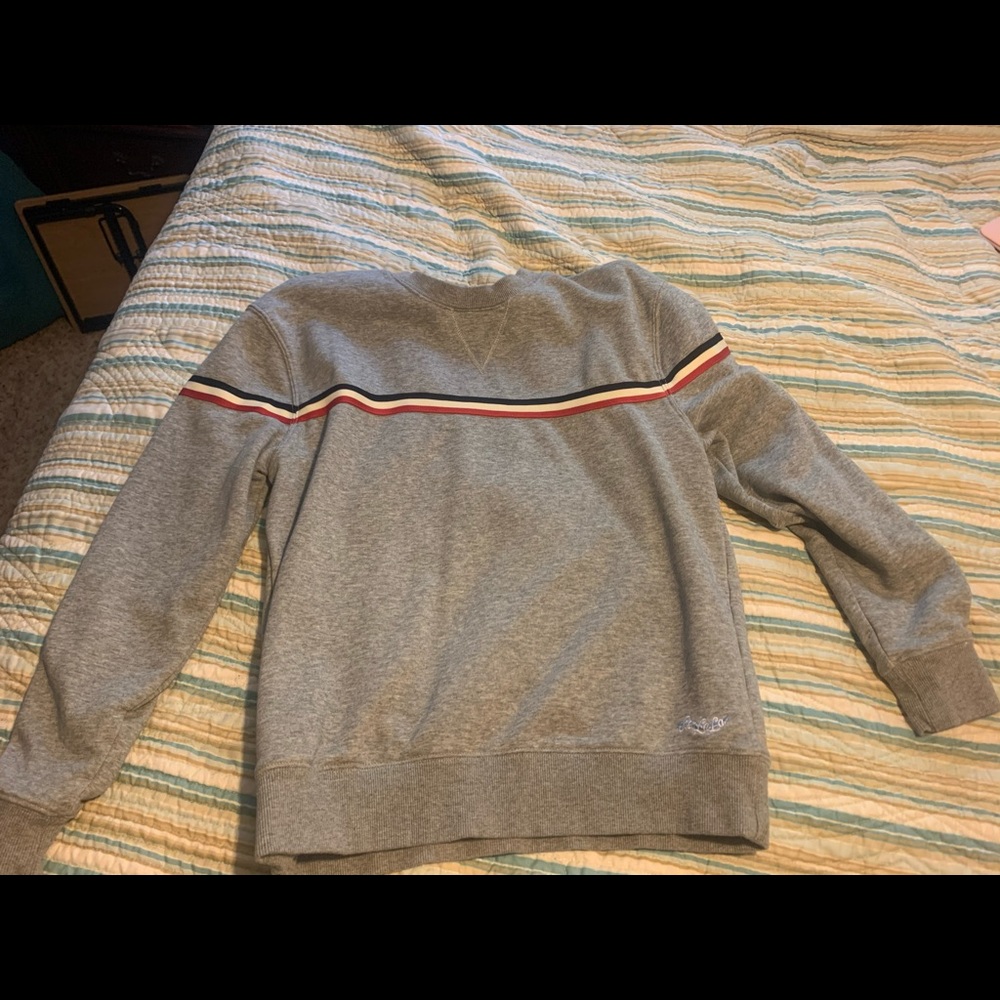 Gray sweatshirt with blue white and red stripe